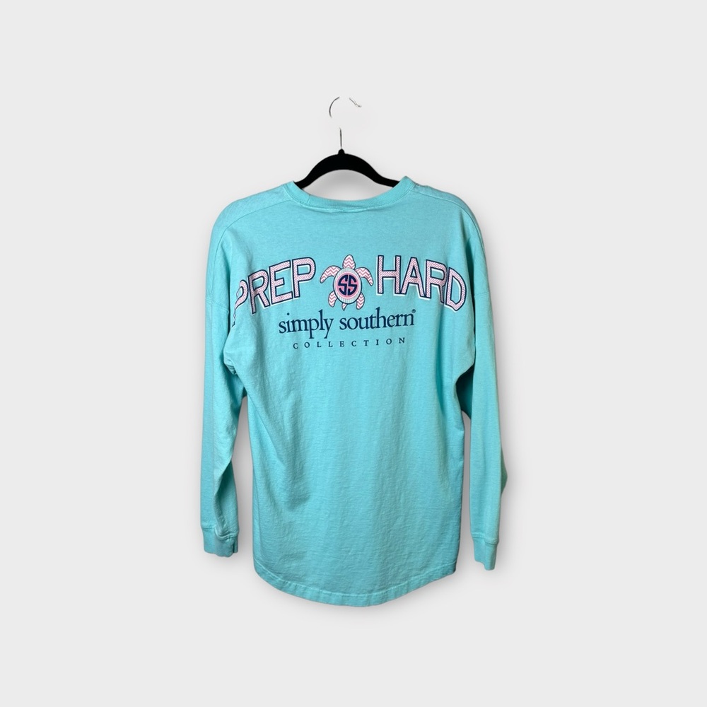 Simply Southern Preppy Graphic Aqua Teal Long Sleeve Tee T-Shirt Size Small